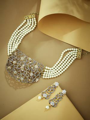 gold plated cubic zirconia studded & pearl beaded necklace set 3