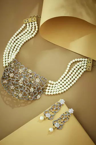 gold plated cubic zirconia studded & pearl beaded necklace set