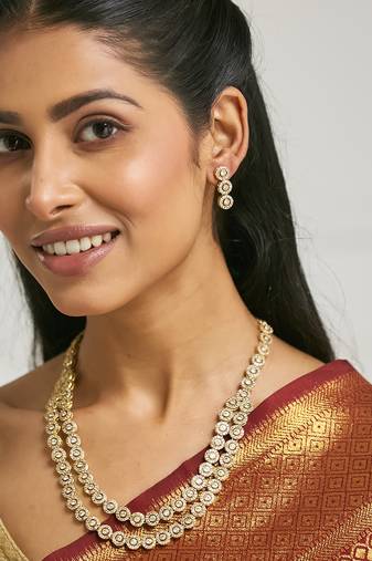 gold plated zircon studded enamel embellished dual layered necklace set