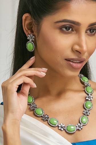 Antique silver plated crystal studded faux jade stones embellished necklace set