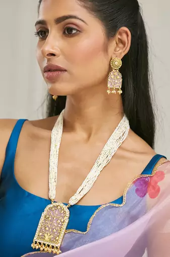 gold plated pearl beaded strings floral motifs enamel pendant necklace set