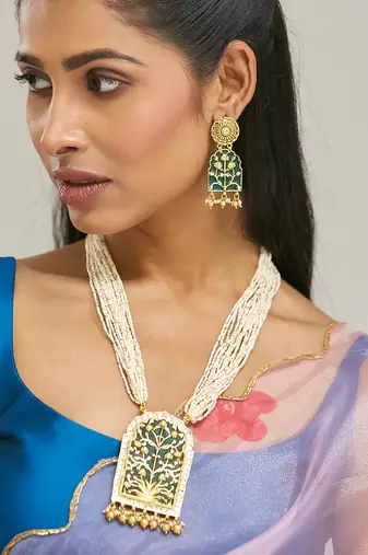 gold plated pearl beaded strings green enamel pendant with floral motifs necklace set