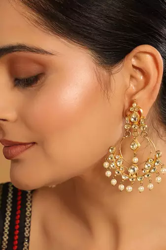 gold plated kundan studded contemporary shaped pearl drop chandbalis