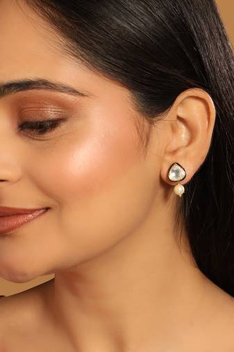 gold plated kundan stone ethnic mini pearl drop studs