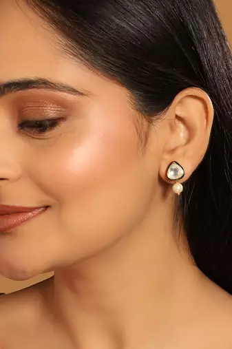 gold plated kundan stone ethnic mini pearl drop studs
