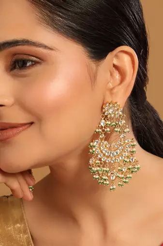 gold plated kundan & pearl studded crescent shaped green beads chandbalis