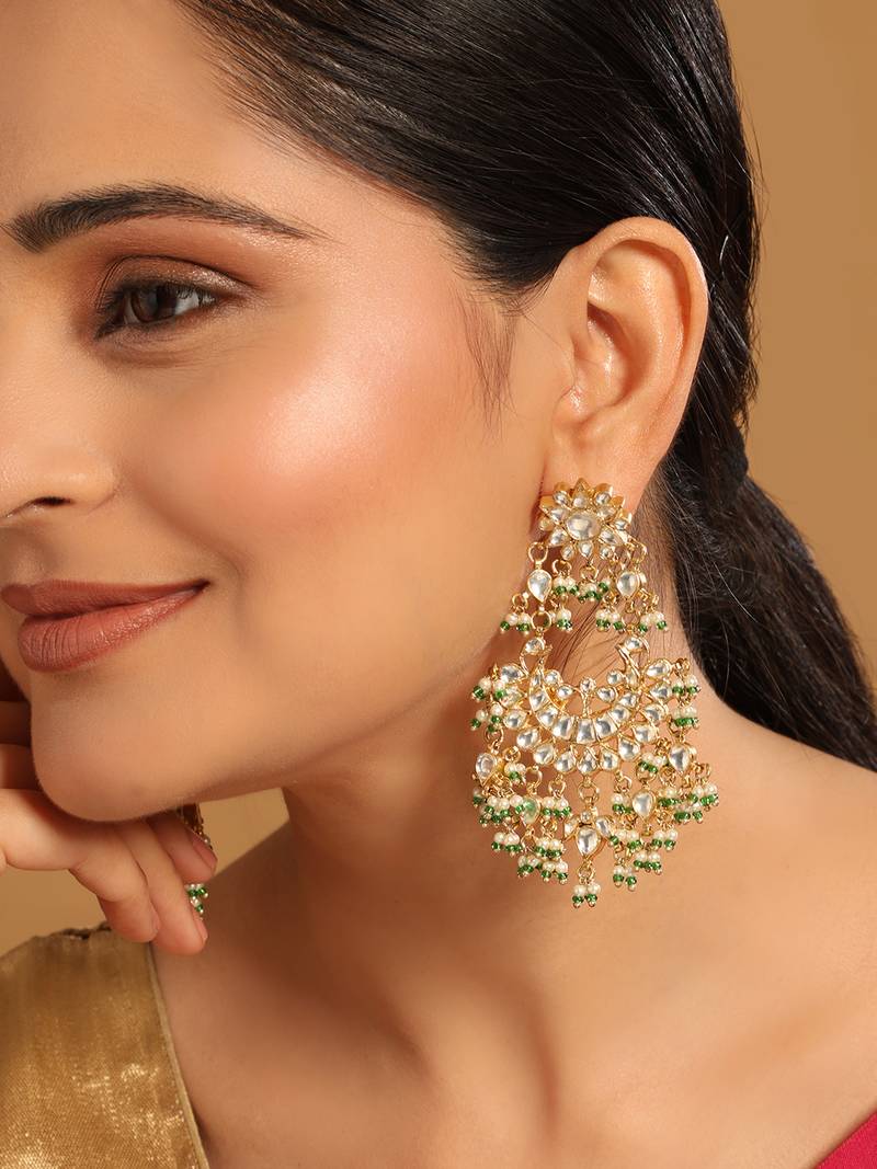 gold plated kundan & pearl studded crescent shaped green beads chandbalis