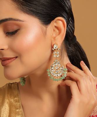 gold plated regal green kundan chandbali earrings 1