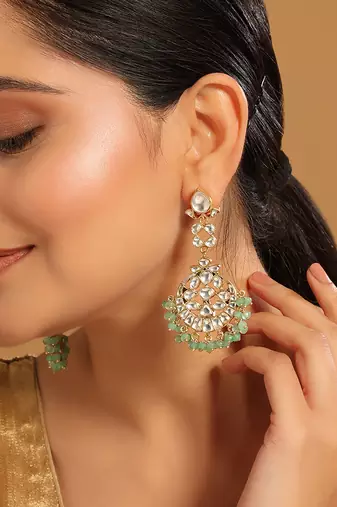 gold plated regal green kundan chandbali earrings