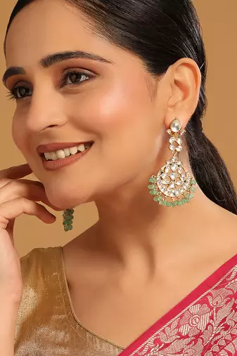 gold plated regal green kundan chandbali earrings