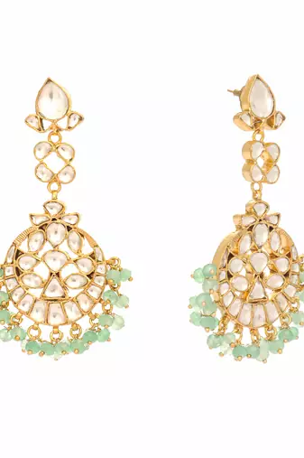 gold plated regal green kundan chandbali earrings