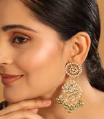 gold plated traditional kundan studded contemporary dangler earrings with pearl and green bead accents