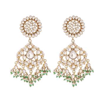 gold plated traditional kundan studded contemporary dangler earrings with pearl and green bead accents 3