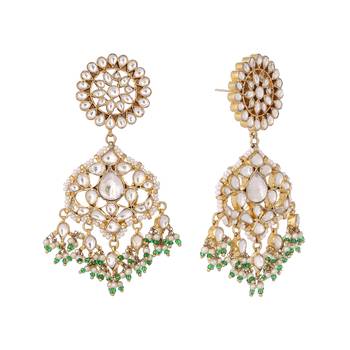gold plated traditional kundan studded contemporary dangler earrings with pearl and green bead accents 4