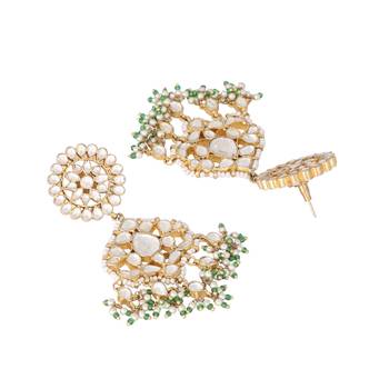 gold plated traditional kundan studded contemporary dangler earrings with pearl and green bead accents 5