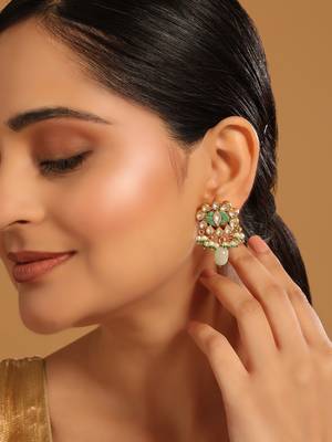 gold plated semi precious green stone studded pearl drop stud earrings 1