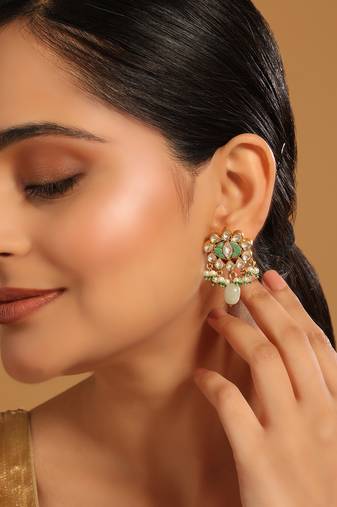 gold plated semi precious green stone studded pearl drop stud earrings