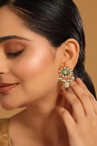 gold plated semi precious green stone studded pearl drop stud earrings