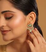 gold plated semi precious green stone studded pearl drop stud earrings