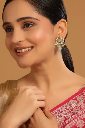 gold plated semi precious green stone studded pearl drop stud earrings