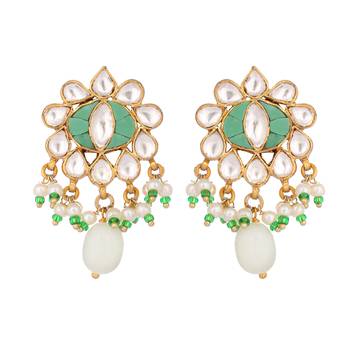 gold plated semi precious green stone studded pearl drop stud earrings 3
