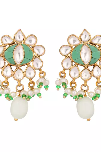 gold plated semi precious green stone studded pearl drop stud earrings