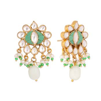 gold plated semi precious green stone studded pearl drop stud earrings 4