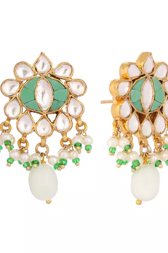 gold plated semi precious green stone studded pearl drop stud earrings