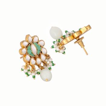 gold plated semi precious green stone studded pearl drop stud earrings 5