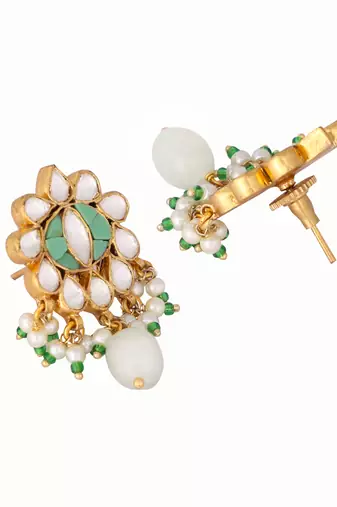 gold plated semi precious green stone studded pearl drop stud earrings