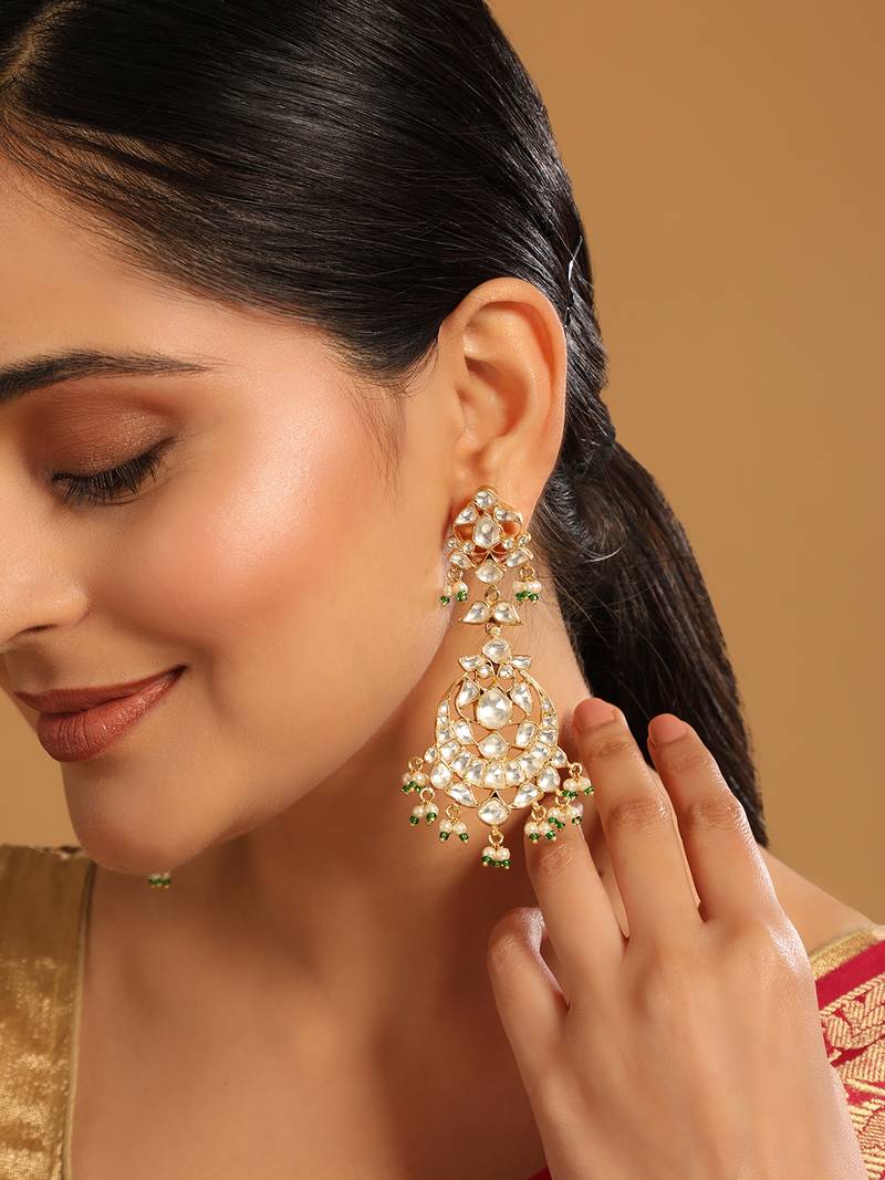 gold plated chandbali stone drop kundan earrings
