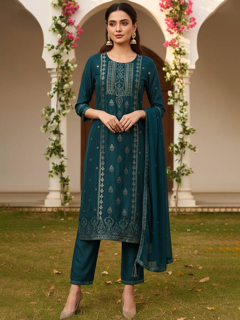 Women teal silk blend ethnic motifs woven design straight kurta trouser with dupatta