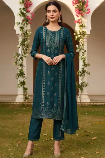 Women teal silk blend ethnic motifs woven design straight kurta trouser with dupatta