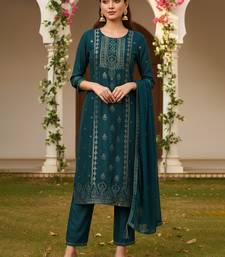 Women teal silk blend ethnic motifs woven design straight kurta trouser with dupatta