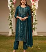 Women teal silk blend ethnic motifs woven design straight kurta trouser with dupatta