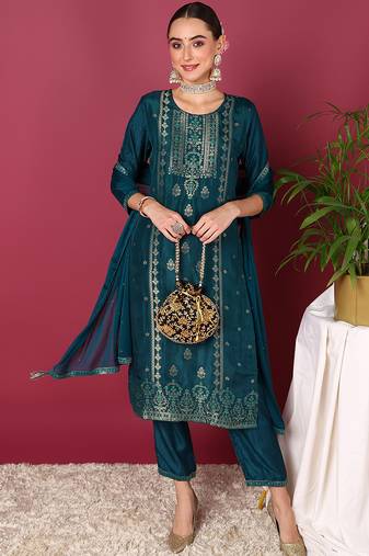 Women teal silk blend ethnic motifs woven design straight kurta trouser with dupatta