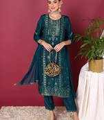 Women teal silk blend ethnic motifs woven design straight kurta trouser with dupatta