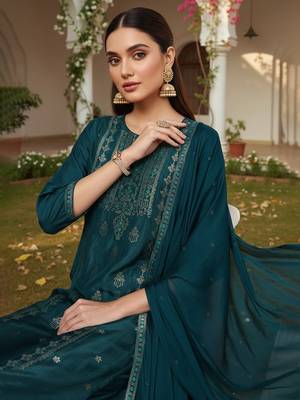Women teal silk blend ethnic motifs woven design straight kurta trouser with dupatta 2