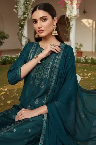 Women teal silk blend ethnic motifs woven design straight kurta trouser with dupatta