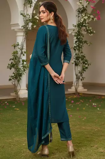 Women teal silk blend ethnic motifs woven design straight kurta trouser with dupatta