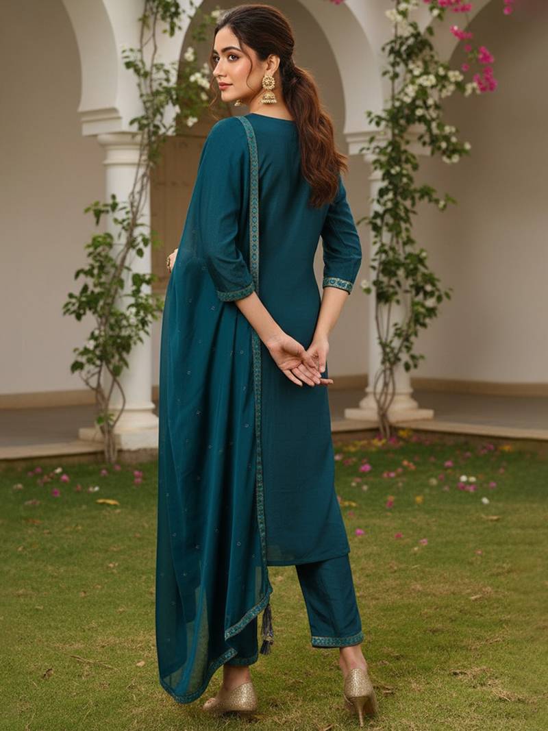 Women teal silk blend ethnic motifs woven design straight kurta trouser with dupatta