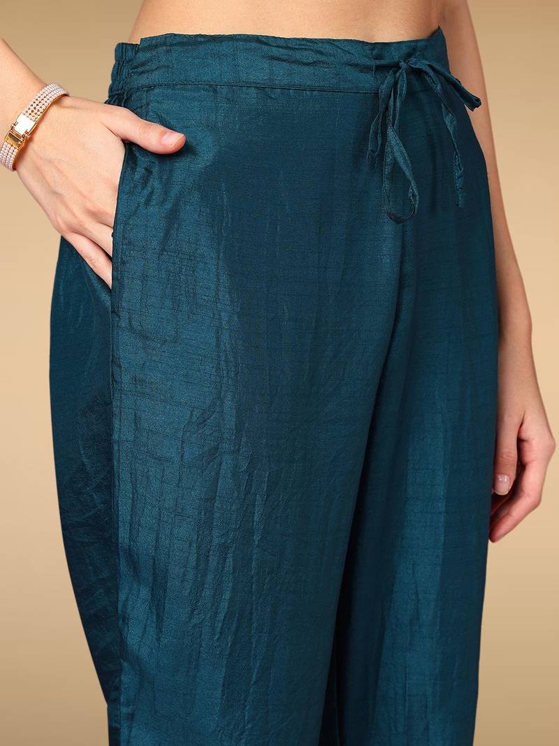 Women teal silk blend ethnic motifs woven design straight kurta trouser with dupatta
