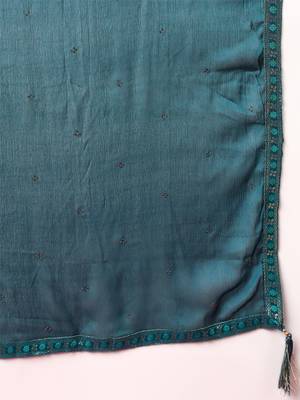 Women teal silk blend ethnic motifs woven design straight kurta trouser with dupatta 5
