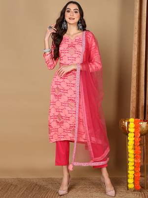 Women pink viscose rayon geometric printed straight kurta trouser with dupatta 1