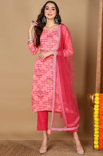 Women pink viscose rayon geometric printed straight kurta trouser with dupatta