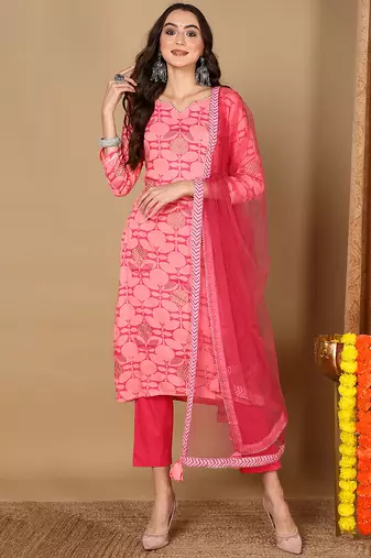 Women pink viscose rayon geometric printed straight kurta trouser with dupatta