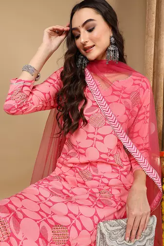 Women pink viscose rayon geometric printed straight kurta trouser with dupatta