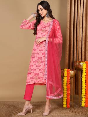 Women pink viscose rayon geometric printed straight kurta trouser with dupatta 3