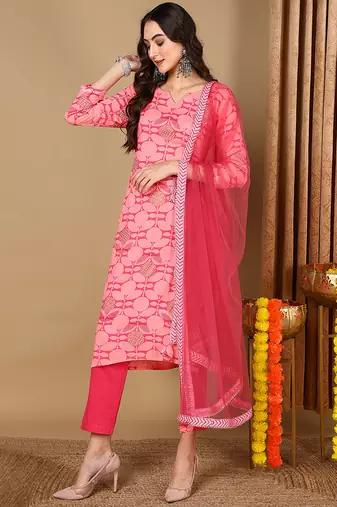 Women pink viscose rayon geometric printed straight kurta trouser with dupatta