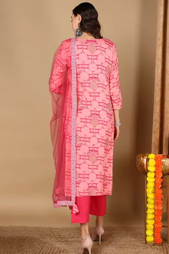 Women pink viscose rayon geometric printed straight kurta trouser with dupatta